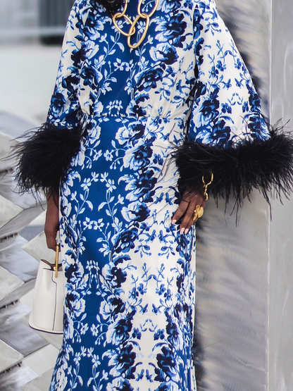 Indigo Reflection Feather Maxi Dress