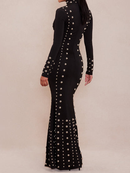 Elegant Mock Neck Studded Maxi Dress