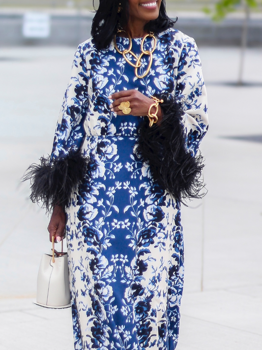 Indigo Reflection Feather Maxi Dress