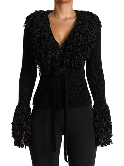 Fringe Tie Waist Deep V Neck Cardigan