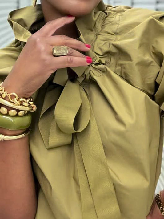 Ruffled Neck Adjustable Bow Balloon Sleeves Blouse