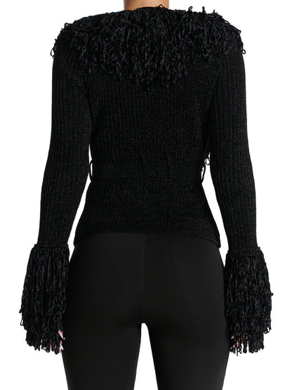 Fringe Tie Waist Deep V Neck Cardigan