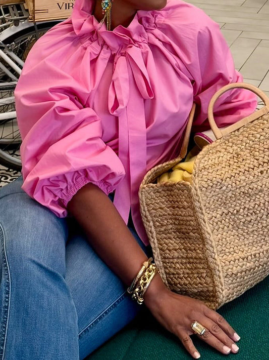 Ruffled Neck Adjustable Bow Balloon Sleeves Blouse