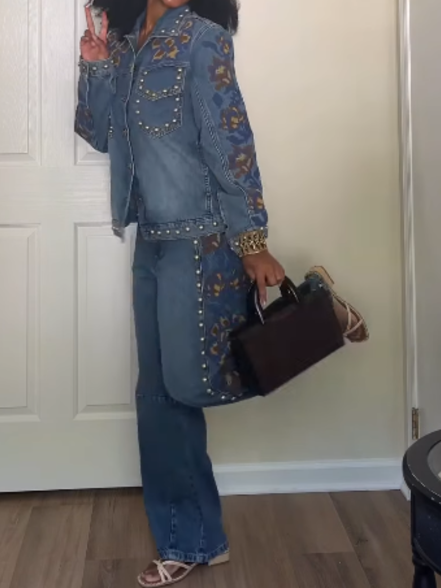 Floral Printed Denim Suit