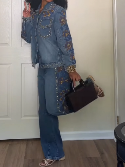 Floral Printed Denim Suit