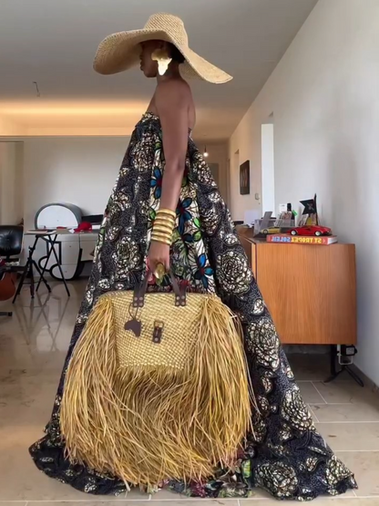Savanna Grande Raffia Fringe Tote Bag