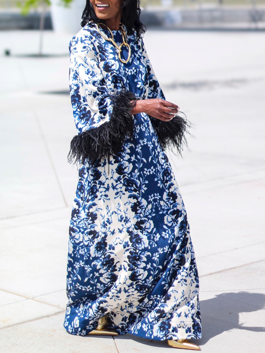 Indigo Reflection Feather Maxi Dress